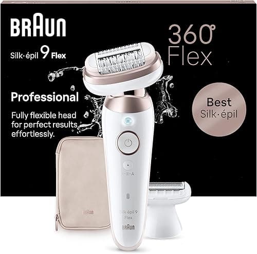 Braun Silk-épil 9 Flex, Epilator with 360 Degree Flexible Head for Easy Hair Removal, Wet & Dry, Lasting Smooth Skin, with Lady Shaver Head & Trimmer Comb, 9-030 3D, White/Rose Titan