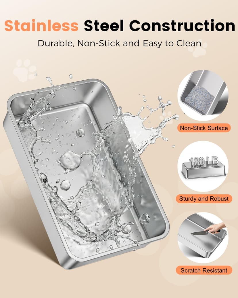 Stainless Steel Cat Litter Tray with High Sides, XXL Metal Cat Litter Box with Scoop, Hooded Toilet for Cat Rabbit, Pet Tray for Large and Small Cats, Leak-Proof, Odour-Free, Easy to Clean, Light Grey - 4