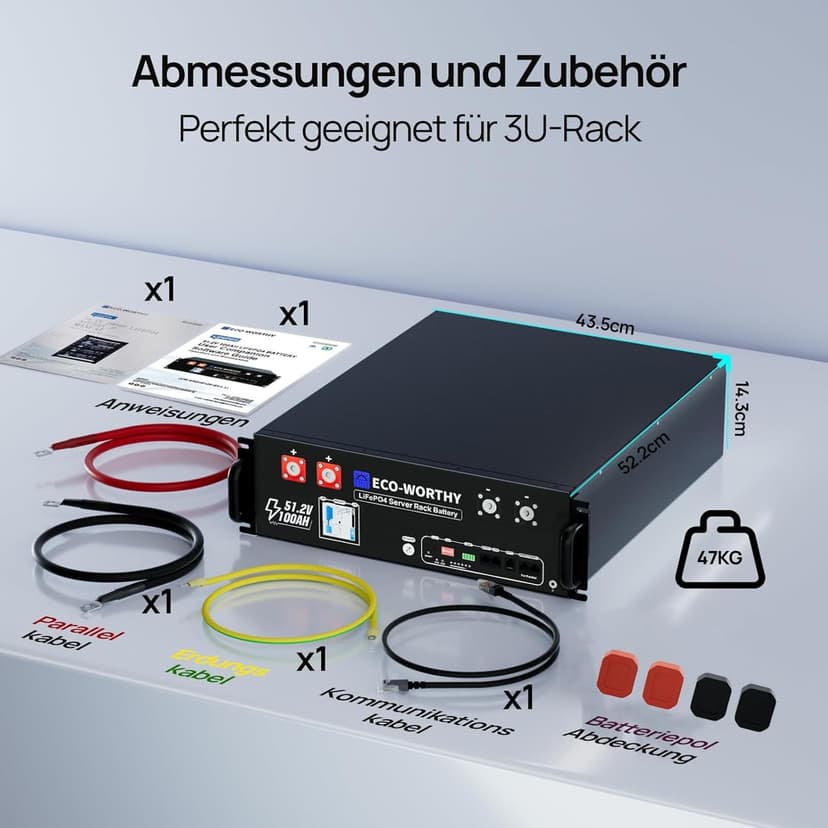 ECO-WORTHY Batterie Lithium 48V 100Ah*3 Bluetooth avec BMS 100A, LiFePO4 15,36kWh 3U pour Rack de Serveur avec Prise en Charge Can&RS485 pour système Solaire Complet, système photovoltaïque - 9