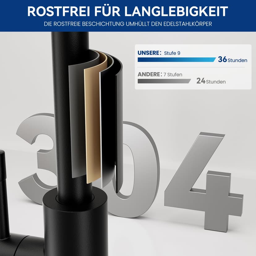 CECIPA Faucet kitchen black 360° rotatable, high pressure kitchen faucet black, mixer tap kitchen with high arc, single lever tap, sink fitting stainless steel, G3/8 connection fixture - 6