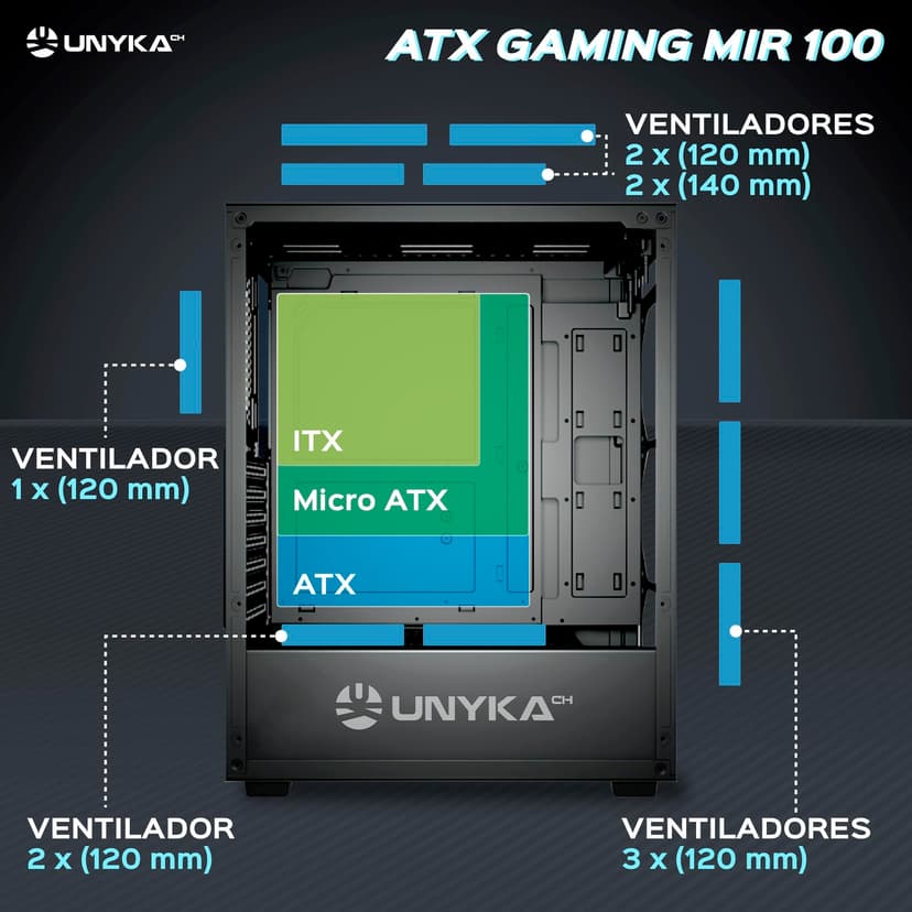 UNYKAch ATX MIR 100 Gaming Computer Case Large Size with 4 ARGB Fans, 1 USB 2.0 and 3 USB 3.0 - 3