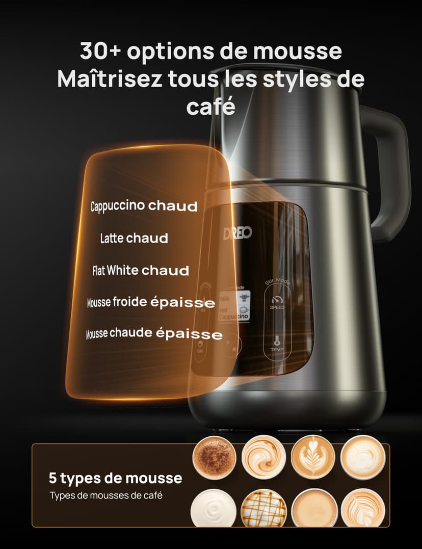 DREO Mousseur à Lait Électrique [Amélioré], Mousseur Automatique All-in-1 de 450ml pour Lait, Cappuccino, Chocolat Chaud, Plus de 30 Boissons, Facile à Nettoyer, Lavable au Lave-vaisselle, Écran LED - 4
