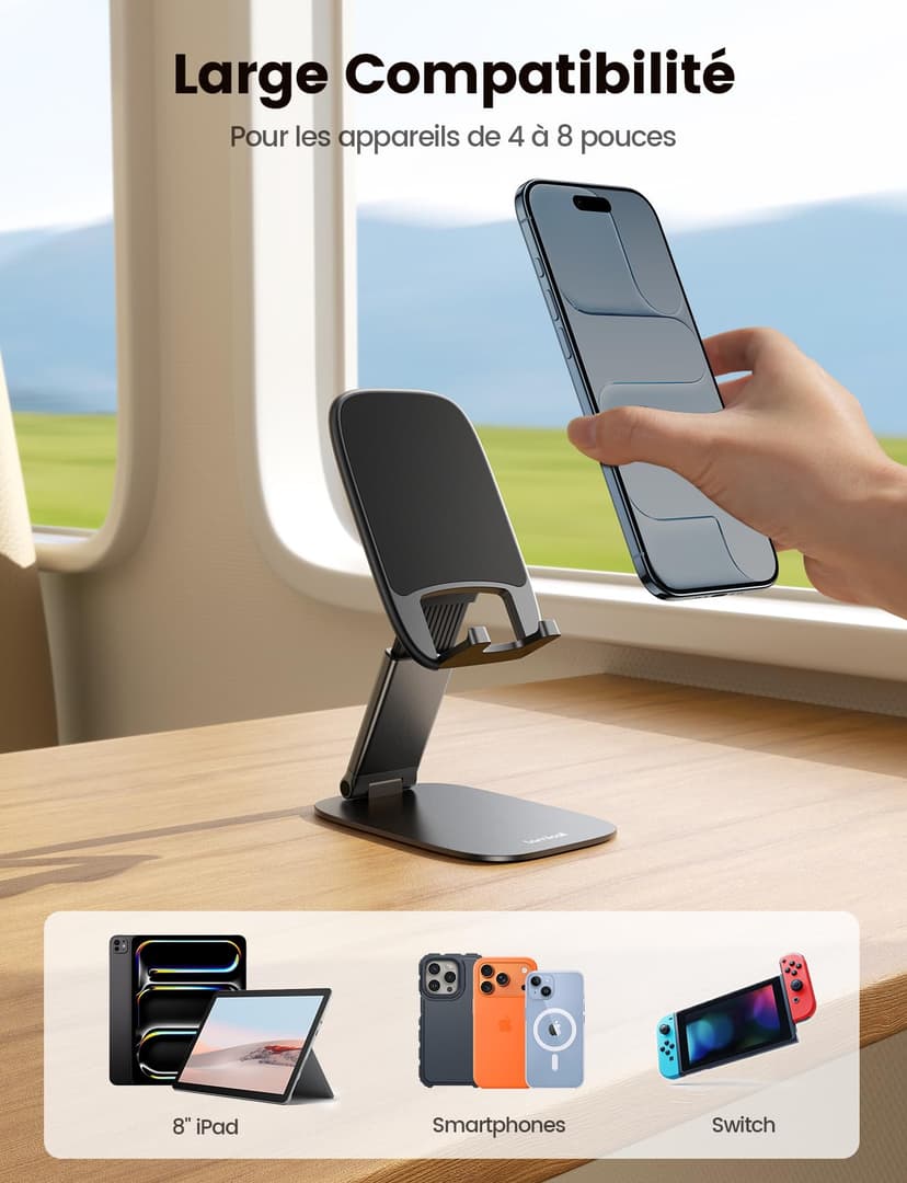 Lamicall Support Téléphone Bureau Pliable - [15mm Ultrafin] Base Métallique, Hauteur & Angle Réglables, Support Téléphone Universel pour iPhone 17/16/15/14/13/12 Pro Max, Samsung et Autres Smartphones - 6