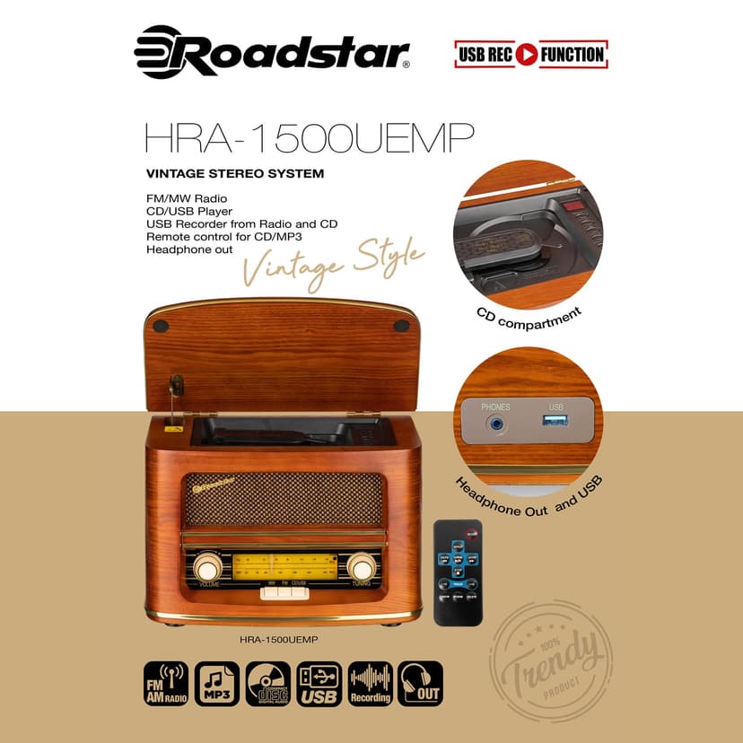 Roadstar HRA-1500UEMP Radio CD Portable FM/MW Vintage, Lecteur CD-MP3, Fonction d'enregistrement USB, Stéréo, Télécommande, Connexion pour Casque, Bois - 2
