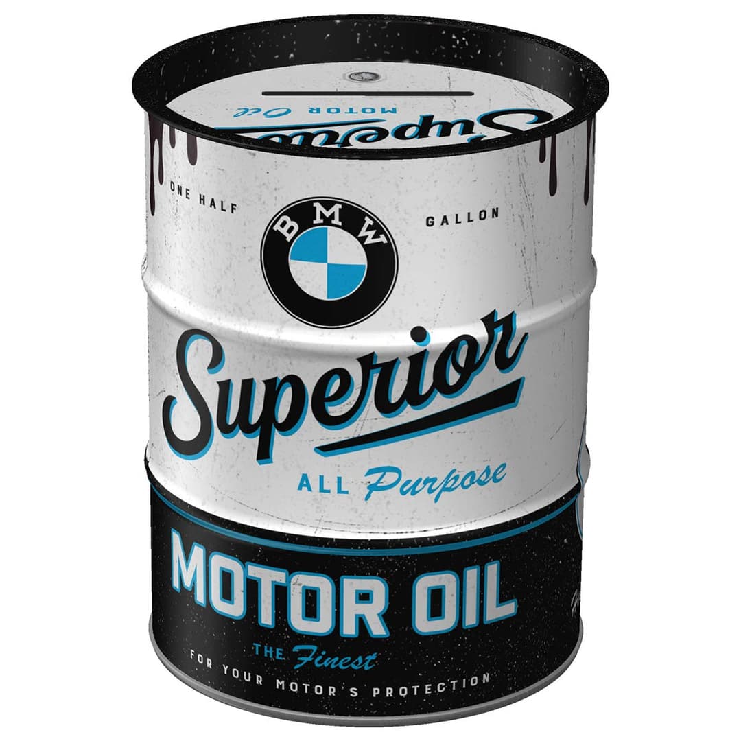 Nostalgic-Art Retro Money Box Oil Barrel, BMW – Motor Oil – Gift idea for car accessories fans, Metal Piggy Bank, Vintage Tin Moneybank, 600 ml