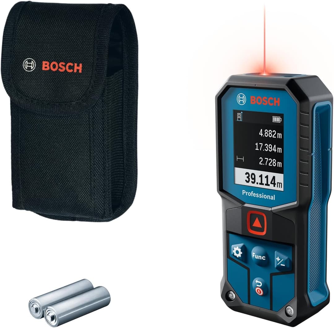 Bosch Professional laser measure GLM 40-31 (IP65 certified, shock-absorbing housing, 7 measuring modes, automatic calculations for length/area/volume, bright colour display, Li-ion battery compatible)