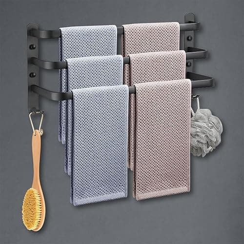 HONPHIER Towel Rails Wall Mounted 3 Tier Towel Rack With Hooks Space Aluminum Towel Rack Bathroom Towel Holder No Fading Towel Shelves For Kitchen Bathroom Toilet Hotel Office (Black, 50CM)