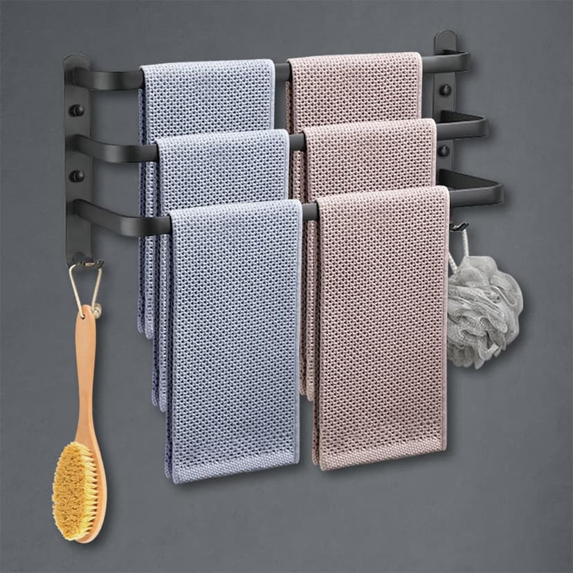 HONPHIER Towel Rails Wall Mounted 3 Tier Towel Rack With Hooks Space Aluminum Towel Rack Bathroom Towel Holder No Fading Towel Shelves For Kitchen Bathroom Toilet Hotel Office (Black, 50CM) - 1