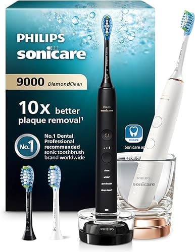 Philips Sonicare DiamondClean Series 9000 Twin Pack Sonic Electric Toothbrushes, Cleaner Teeth and Gums Connected with App, Black and Rose Gold (Model HX9914/61)