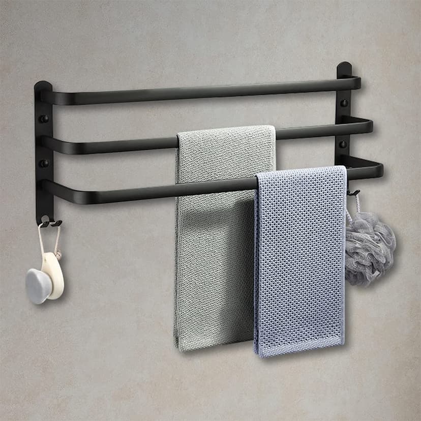 HONPHIER Towel Rails Wall Mounted 3 Tier Towel Rack With Hooks Space Aluminum Towel Rack Bathroom Towel Holder No Fading Towel Shelves For Kitchen Bathroom Toilet Hotel Office (Black, 50CM) - 6