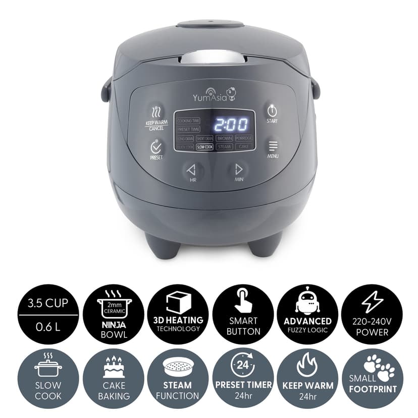 Yum Asia Panda Mini cuiseur à riz avec bol en céramique Ninja et logique floue avancée (3,5 tasses, 0,63 litre) 4 fonctions de cuisson du riz, 4 fonctions multicuiseur, 220-240V (Cobalt Grey) - 2