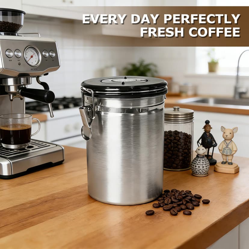 BUCOMTU 1,8 L Boîte à Café Hermétique en Acier Inoxydable avec Cuillère à Mesurer, Boîte à Conservation Hermétique, pour Café en Grains, Café Moulu, Noix, Sucre, Céréales - 7