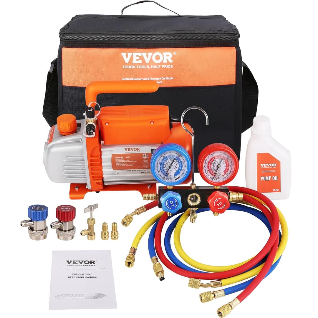 VEVOR Pompe à Vide Climatisation 100 L/min Pompe à Vide Frigoriste HVAC 150 W avec Kit Jauges et Tuyau Caoutchouc Tricolore 1440 tr/min Sac de Transport pour R134a Climatiseur Automobile Réfrigérateur