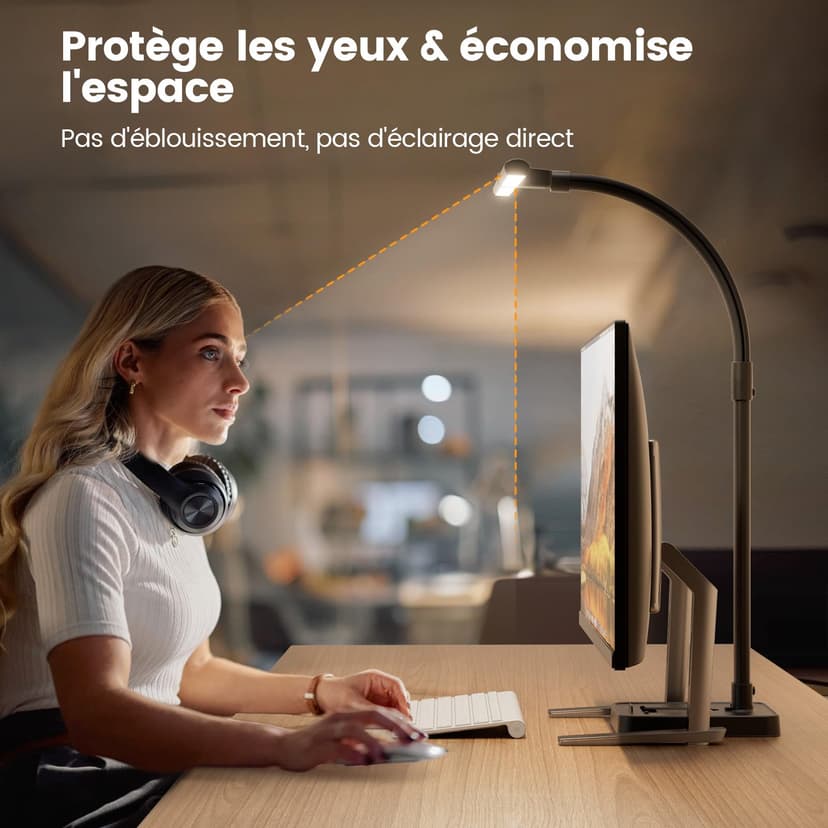 Double Head Desk Lamp LED Dimmable 24 W 80 cm Clampable Daylight Lamp Gooseneck Office Table Lamp Eye Protection Workplace Light Monitor Lamp Desktop Base with Mobile Phone Holder, Black - 5