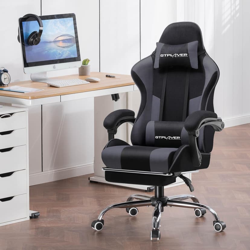 GTPLAYER Chaise de Gaming en Tissu - Ergonomique - avec Repose-Pieds - Appuie-tête - Coussin Lombaire - Rembourré - Pivotant, Supporte 150 kg, Gris - 2