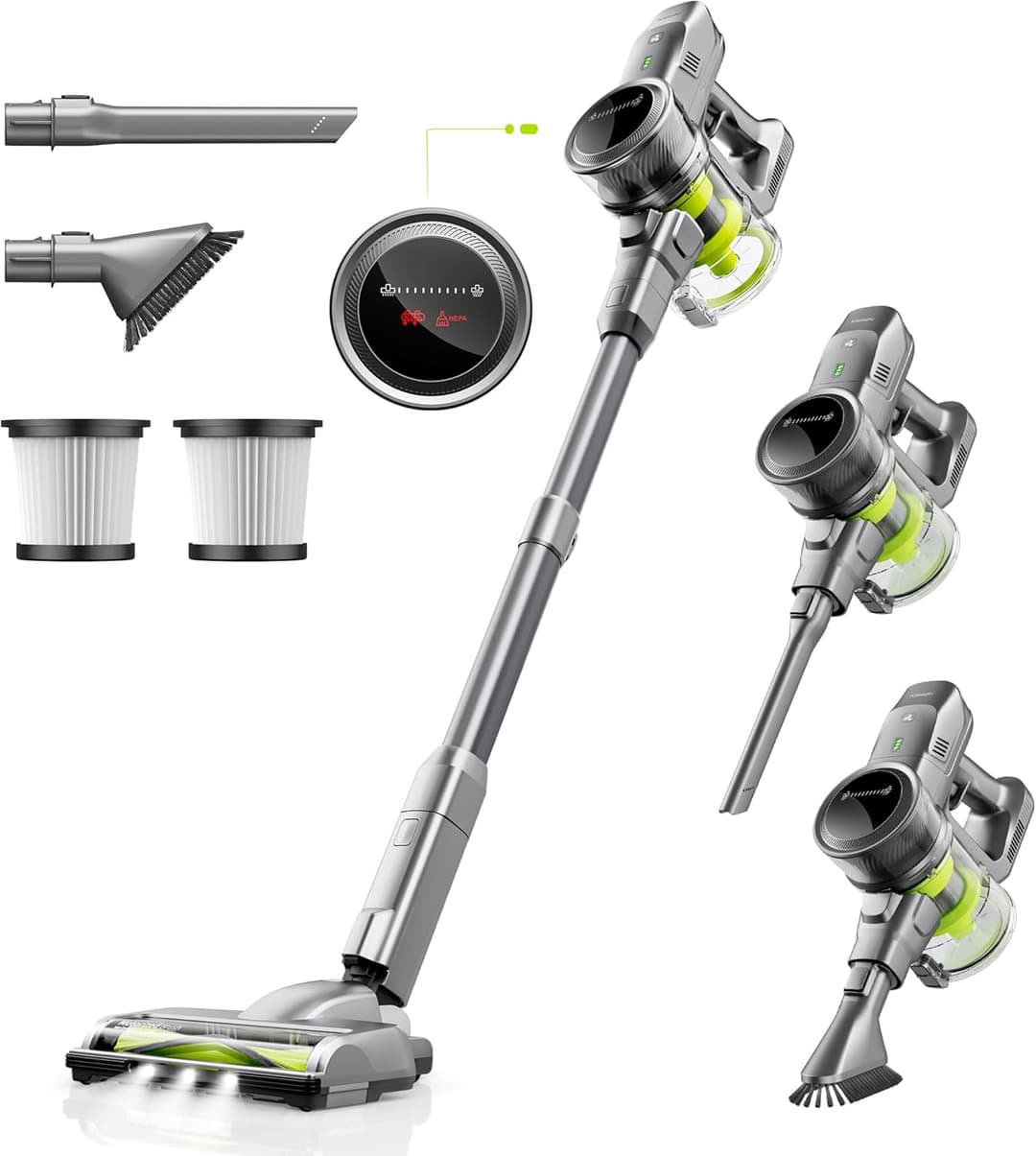 kalado Cordless Vacuum Cleaner KCV01, 26KPA 250W Hoover Cordless, 40 Mins Runtime Removable Battery, Lightweight Self-standing Stick Vacuum Cleaner with LED Display For Hardwood Floor, Carpet (Green)