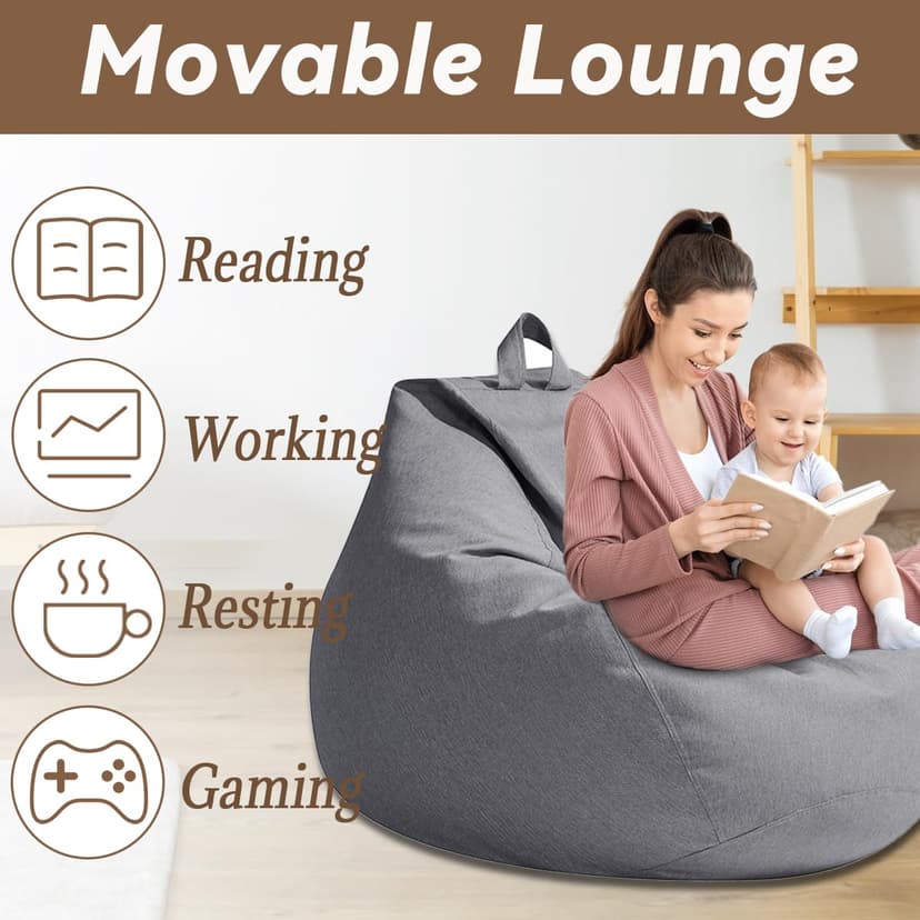 Highdi Large Bean Bag Without Fillings - Cotton Linen Durable & Comfortable, Grey Storage Bean Bag Chair for Living Room/Bedroom/Gaming Room, Perfect for Adults & Teens, Childrens - 7