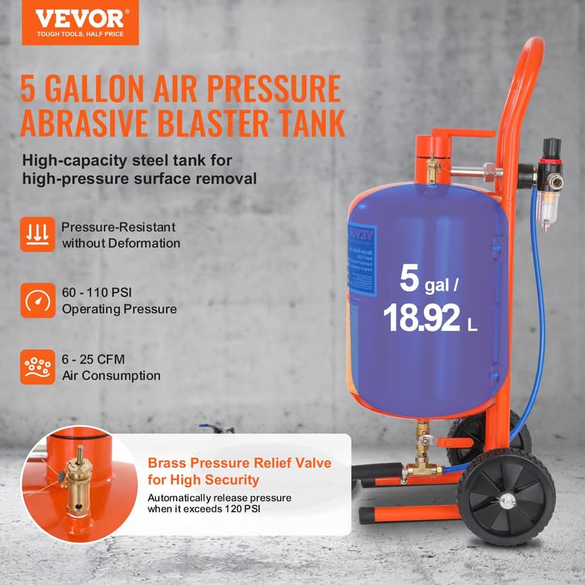 VEVOR Mobile Sandblasting Machine 18.92L Sandblasting System 96" Work Hose Sand Blaster 60-110PSI Working Pressure Ideal for Removing Rust, Paint, Stains and Polishing Large Areas - 2