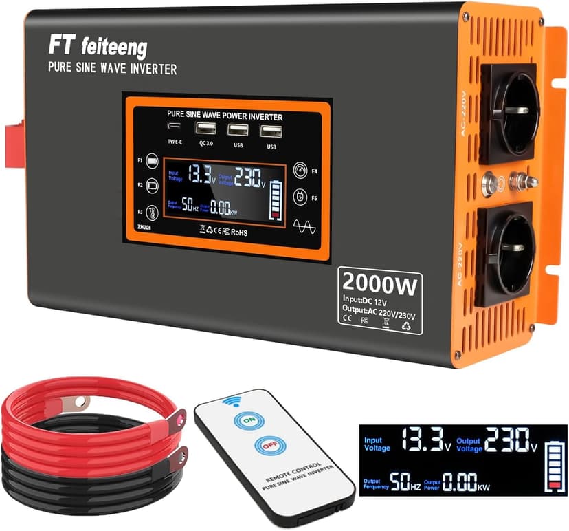 2000W/4000W Power Inverter 12V to 240V AC Pure Sine Wave Inverter,Car Inverter DC 12v to AC 240V UK with AC Sockets Dual Car Adapter With LED Display Suitable for Travel, RV, Camping - 1