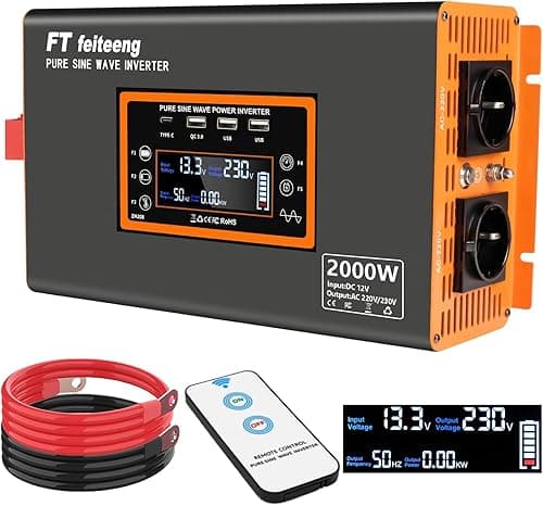 2000W/4000W Power Inverter 12V to 240V AC Pure Sine Wave Inverter,Car Inverter DC 12v to AC 240V UK with AC Sockets Dual Car Adapter With LED Display Suitable for Travel, RV, Camping