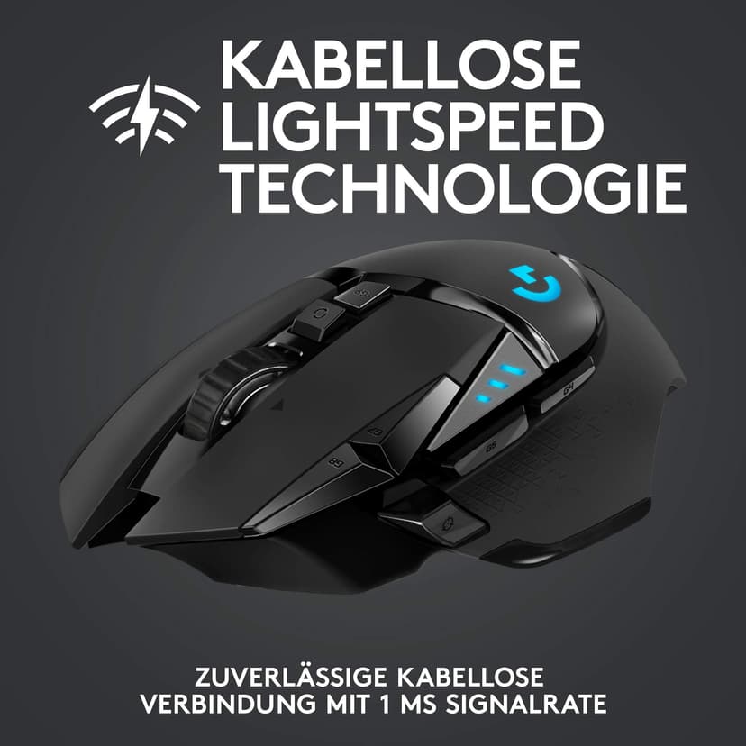 Logitech G502 LIGHTSPEED Wireless Gaming Mouse, HERO 16K Sensor, 16,000 DPI, RGB, Adjustable Weights, 11 Programmable Buttons, Long Battery Life, On-Board Memory, PC/Mac - Black (German Packaging) - 2