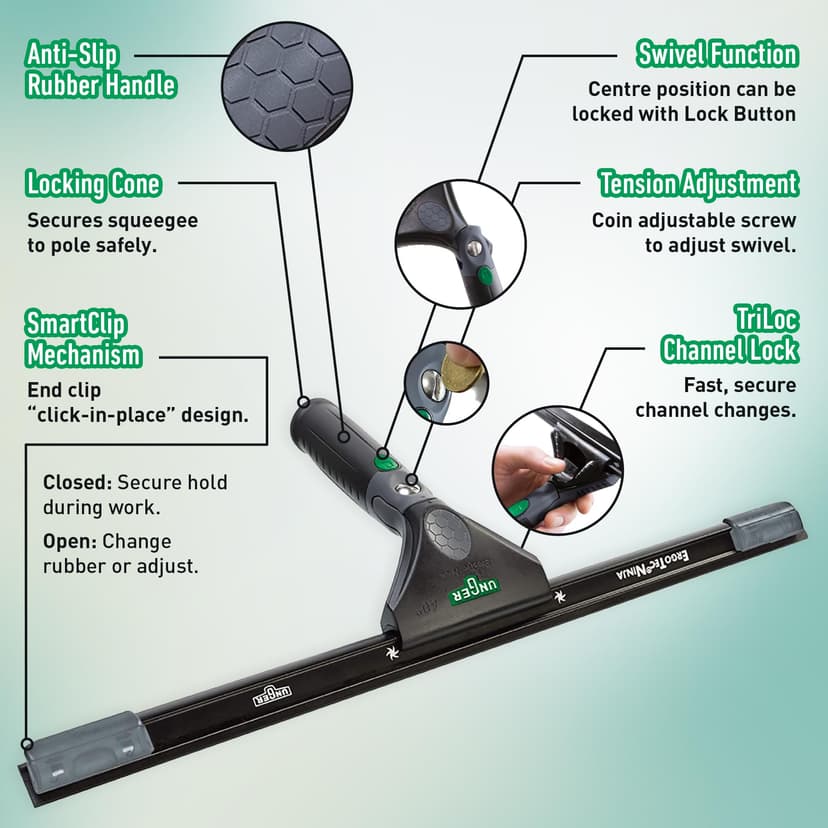 Unger ErgoTec NINJA Window Squeegee 45cm – 40° Aluminium Channel, Soft Rubber Blade & Ergonomic Handle – Professional Window Cleaning Equipment, Black - 4