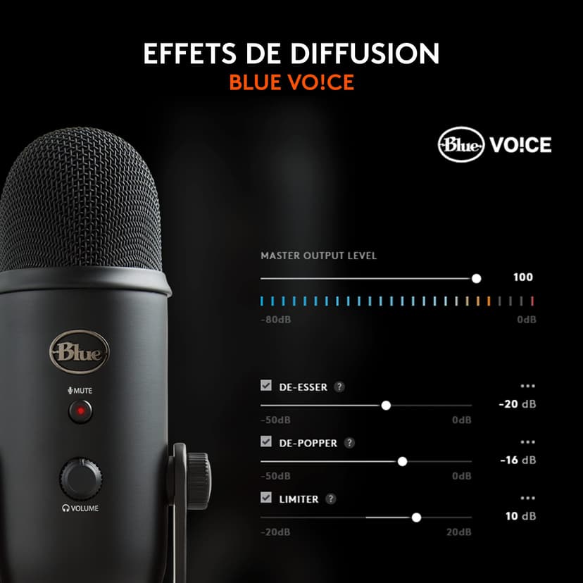Logitech for Creators Blue Yeti Microphone USB pour Enregistrer, Streaming, Gaming, Podcast sur PC & Mac, Micro condensateur pour ordinateur portable et PC avec Effets Blue VO!CE, Plug and Play - Noir - 3