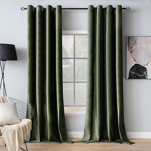 MIULEE Olive Green Velvet Curtains for Bedroom 2 Panel Set 96 Inch Drop Curtains, Soft Elegent Home Decor Velvet Curtain Living Room, Sun Blocking Room Darkening Thermal Eyelet Curtain 55x96 Inch