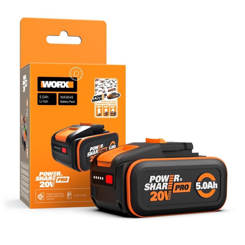 WORX WA3645 PowerShare Pro: High-Capacity 20V 5.0Ah Lithium Battery with BMS and Intelligent Power Control for Extended Runtime and Performance - 1