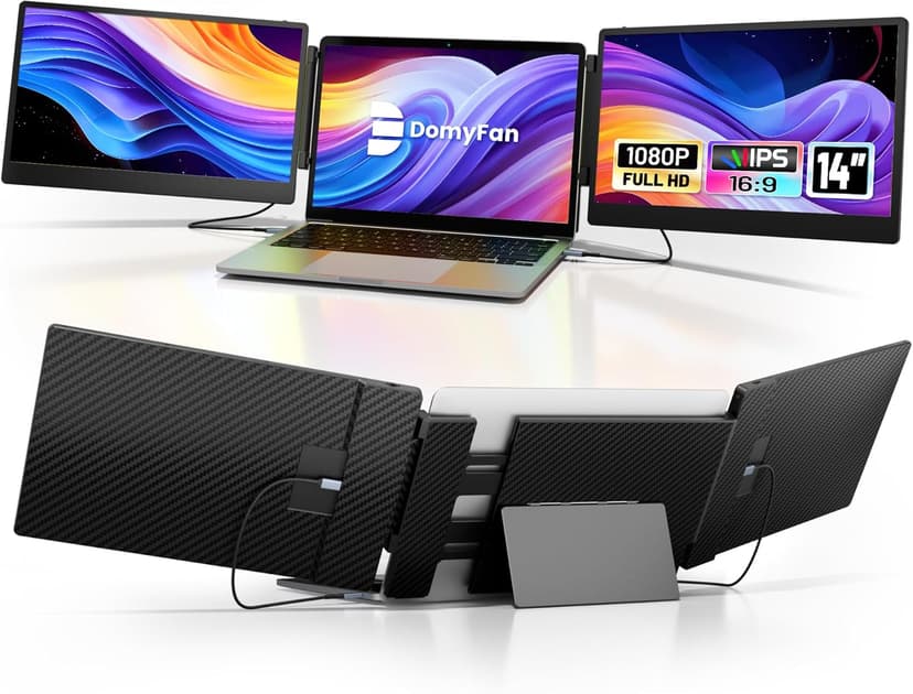 domyfan 14" Laptop Screen, S3 FHD 1080P IPS Triple Portable Monitor Laptop, HDMI/USB-A/Type-C Plug and Play, Compatible with Windows/Mac/Android/Chrome - 1