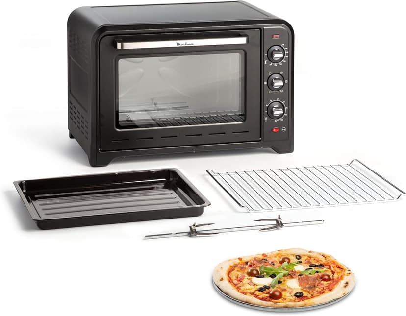 Moulinex Four électrique à chaleur tournante 60 L, 7 modes de cuisson, Tournebroche, Thermostat réglable jusqu’à 240 °C, Timer 120 minutes, 2 grilles réversibles, Optimo, Noir OX495810 - 1