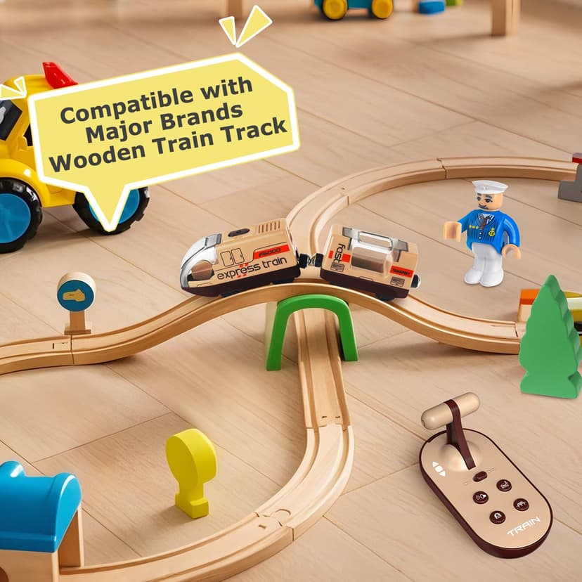 Electric Remote Trains Toy for Wooden Track, Remote Control & Motorized Train with 4 Sound and Light Effects for Kids 3 4 5+ Years Old Boys Girls, Compatible with Thomas,Brio,Chuggington-Red - 5