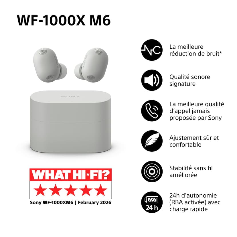 Sony WF-1000XM6 Flagship Wireless Noise Cancelling Earbuds, Bluetooth, In-ear Headphones, Signature Hi-Res Sound, Clear Calls, 10 band EQ, 24 Hr Battery NC On, IPX4, iOS & Android - Platinum Silver - 2