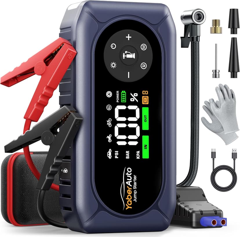 YaberAuto Jump Starter Power Pack 6000A with Air Compressor 150PSI, Car Battery Booster Jump Starter for 9L Gas/8L Diesel, Car Starter Power Bank with Jump leads, Insulated Gloves, 500 Lumens - 1