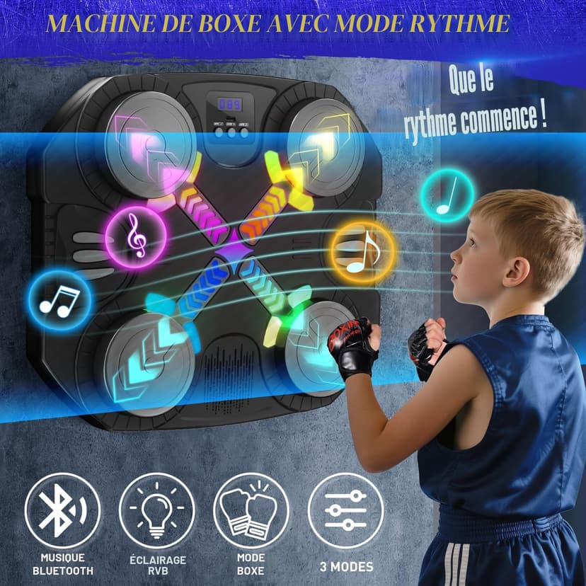 Esnowlee Music Boxing Machine for Kids, Wall-Mounted Bluetooth Punch Pad with Gloves,Sport Toy Gifts for 3 4 5 6 7 8 9 10 11 12 Year Old (Black) - 2