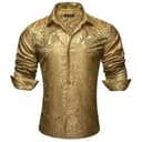 Barry.Wang Men Dress Shirt Silk Luxury Paisley Floral Long Sleeve Big and Tall Wedding Party Casual Business Formal Shirts Gold S-3XL - 6