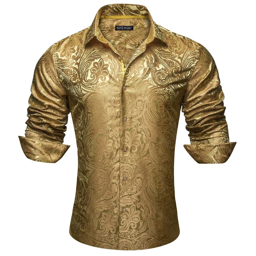 Barry.Wang Chemise habillée en soie pour homme - Motif cachemire floral - Manches longues - Grande et grande taille - Pour fête de mariage - Chemises décontractées et formelles, Cachemire doré, S - 6