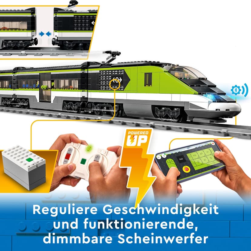 LEGO City Le Train de Voyageurs Express - Jouet Train Télécommandé avec Phares Fonctionnels, 2 Wagons, 24 Rails & 6 Minifigurines - Idée de Cadeau pour Garçon ou Fille dès 7 Ans 60337 - 3