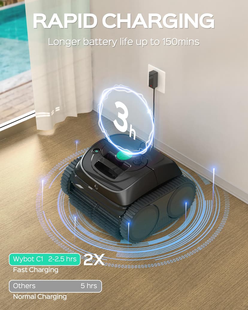 WYBOT C1 swimming pool robot with intelligent route planning, fully automatic cleaning of floors, water line, walls, up to 150 minutes, upgraded triple motor ideal for 150㎡ - 6