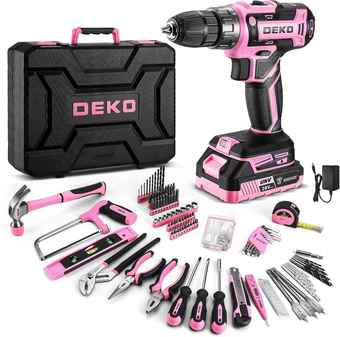 DEKO Complete Electric Tool Box 186 Pieces Pink with 20V Cordless Electric Drill, 10 mm Chuck without Key, Professional DIY Household Tool Box for Offices and Gardens