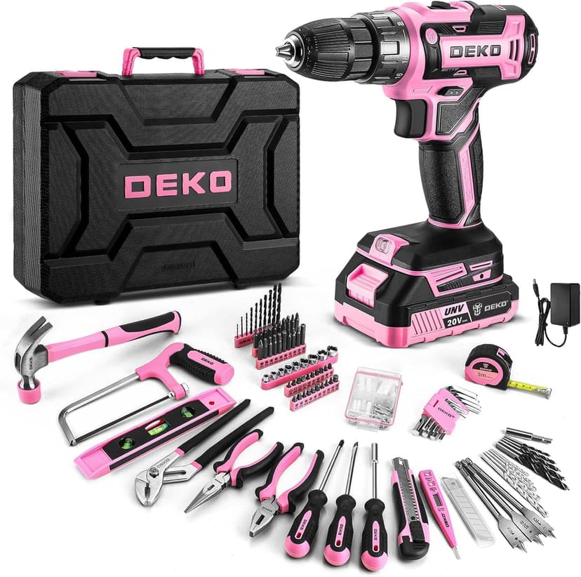 DEKO Complete Electric Tool Box 186 Pieces Pink with 20V Cordless Electric Drill, 10 mm Chuck without Key, Professional DIY Household Tool Box for Offices and Gardens - 1