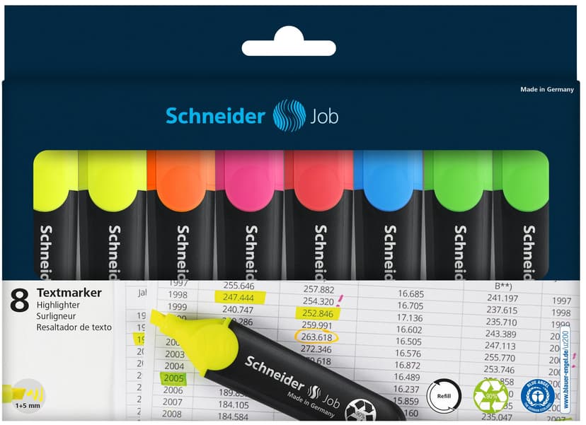 Schneider Highlighter Job refillable pens, Assorted Colours, Pack of 8, Yellow, Orange, Pink, Red, Blue, Green) - 4