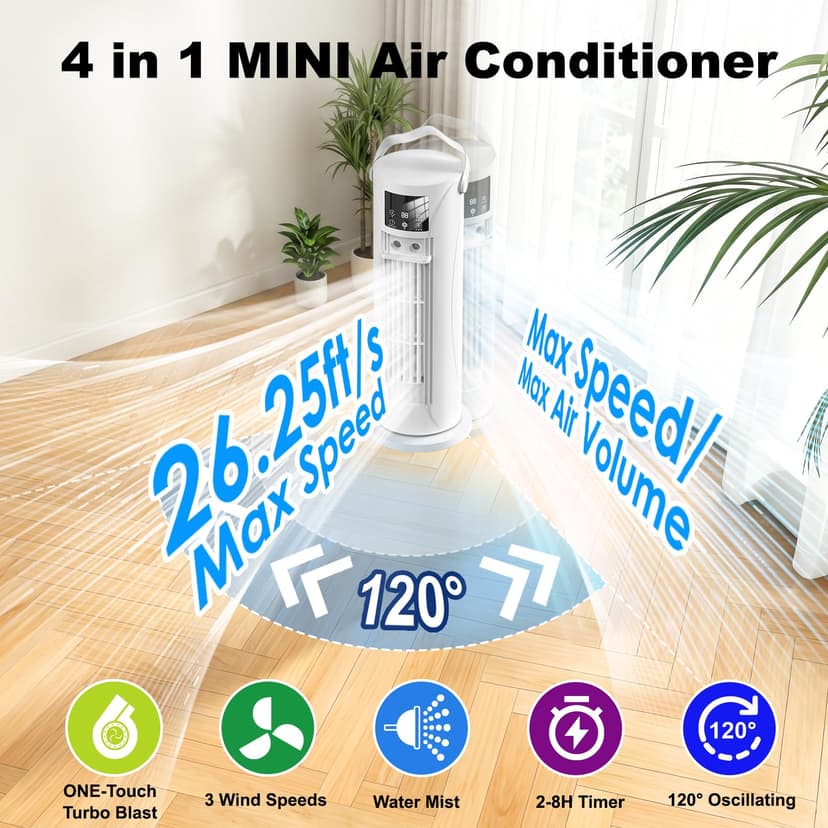 Climatiseur Mobile 4 en 1 Silencieux 28dB, Rafraîchisseur d’Air Mode Tempête, Oscillation 120°, 4 Vitesses Vent Naturel 3D Sommeil, 2 Brumisations, Minuterie 8H pour Chambre Bureau（Blanc ） - 2