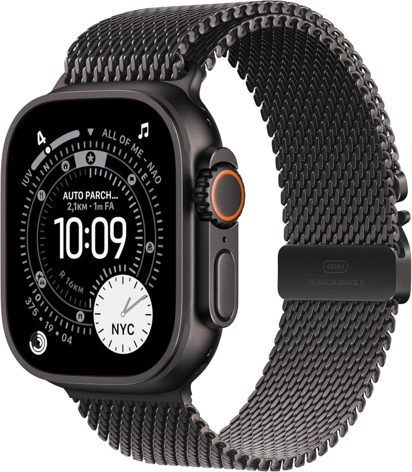 Apple Watch Ultra 3 GPS + Cellular, Cassa 49 mm in titanio nero con Loop in maglia milanese in titanio nero - Large - 1