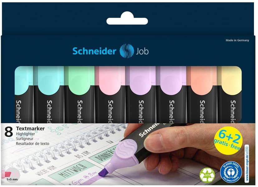 Schneider Job 150 Pastel Highlighters Recycled Plastic Awarded with The Blue Angel Pack of 8 Assorted Colours - 4
