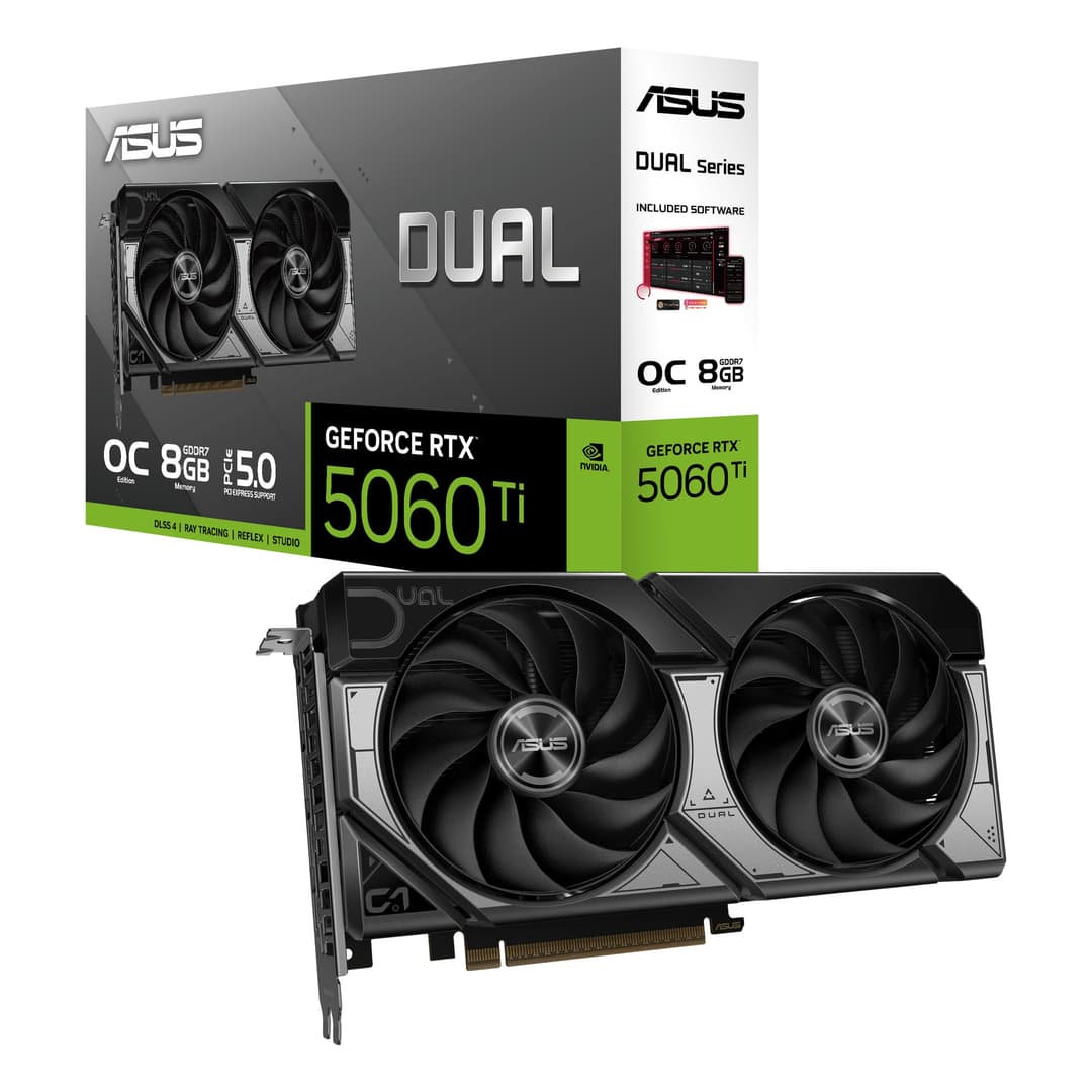 ASUS Dual GeForce RTX 5060 Ti 8GB GDDR7 OC Edition (PCIe 5.0, 8GB GDDR7, DLSS 4, HDMI 2.1b, DisplayPort 2.1b, 2.5-slot design, Axial-tech fan design, 0dB technology, and more)