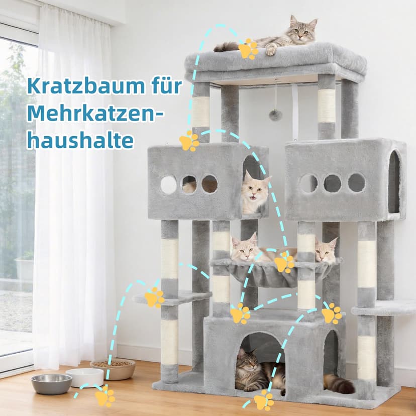 Hey-brother EMPJ083W 146 cm Stable Cat Tree with Toys, Cave, 3 Platforms, 2 Cat Baskets, Light Grey - 6