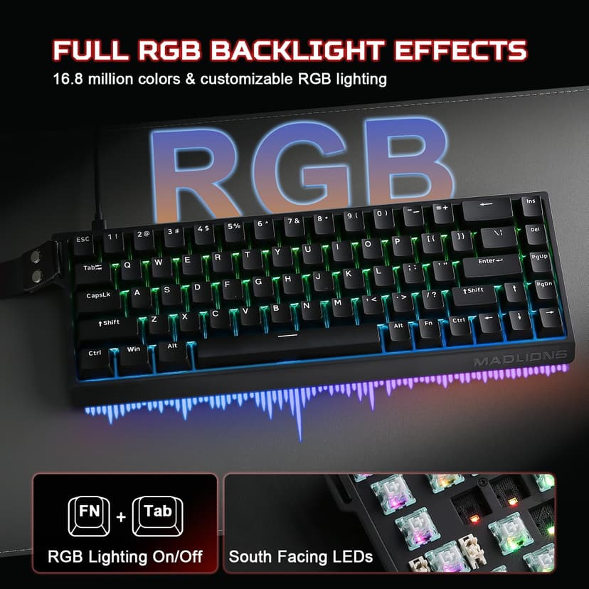 YUNZII x MADLIONS MAD68 HE Rapid Trigger Wired Magnetic Mechanical Gaming Keyboard 60% Hall Effect Switches Adjustable Actuation, PBT Keycaps RGB Hot-Swap,8K Hz Polling Rate(Black,Amber Pro Switch) - 8