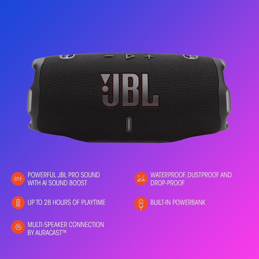 JBL Charge 6, Wireless Portable Bluetooth Speaker, 28 Hours of Playtime, IP68 Waterproof, Dustproof and Drop-Proof, Pro Sound with AI Sound Boost, Auracast Multi-Speaker Connection, Blue - 3