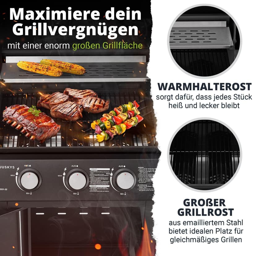 Juskys Barbecue à gaz Louisiana avec 3 brûleurs 8,1 kW, avec grille, couvercle – Grill avec thermomètre, chauffe-plat et tablettes latérales - 3